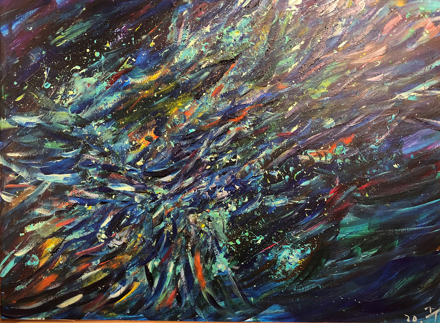 필자의 그림. 한 여성이 우울과 분노에 뒤덮여 있음을 괴로운 표정과 파란색, 빨간색 물감의 어른거림으로 표현했다. 