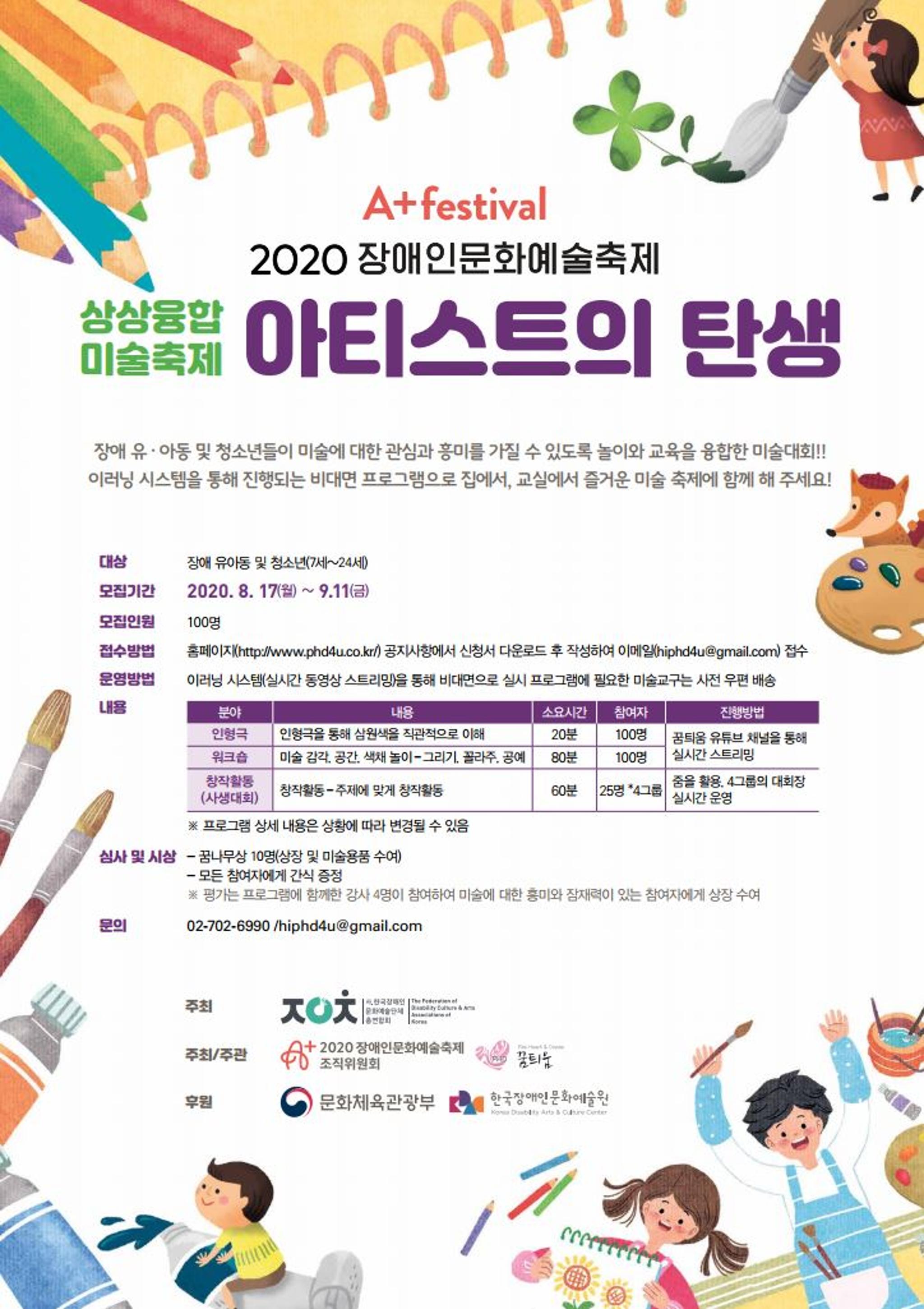 <p>A+festival</p>
<p>2020 장애인문화예술축제</p>
<p>상상융합미술축제 아티스트의 탄생</p>
<p>장앤 유아동 및 청소년들이 미술에 대한 관심과 흥미를 가질 수 있도록 놀아와 교육을 융합한 미술대회!! 이러닝 시스템을 통해 진행되는 비대면 프로그램을 집에서, 교실에서 즐거운 미술 축제에 함께 해 주세요!</p>
<ul>
	<li>대상 : 장애 유아동 및 청소년(7세~24세)</li>
	<li>모집기간 : 2020. 8. 17(월) ~ 9.11(금)</li>
	<li>모집인원 : 100명</li>
	<li>접수방법 : 홈페이지(http://www.phd4u.co.kr/) 공지사항에서 신청서 다운로드 후 작성하여 이메일(hiphd4u@gmail.com) 접수</li>
	<li>운영방법 : 이러닝 시스템(실시간 동여상 스트리밍)을 통해 비대면으로 실시 프로그램에 필요한 미술교구는 사전 우편 배송</li>
	<li>내용 :
		<table>
			<caption>분야, 내용, 소요시간, 참여자, 진행방법에 관한 테이블</caption>
			<thead>
				<tr>
					<th scope=