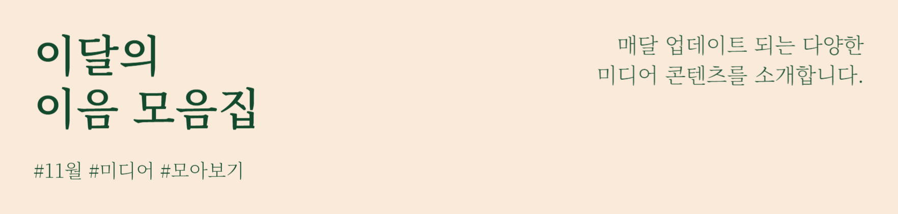 이달의 이음 모음집
#11월 #미디어 #모아보기
매달 업데이트 되는 다양한 미디어 콘텐츠를 소개합니다.