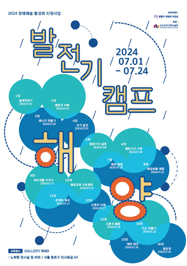 이천이십사 장애예술 활성화 지원사업.
발전기 캠프-해양.
이천이십사년 칠월 일일부터 칠월 이십사일까지.
주최/주관: 웜핸즈-평범한 작업실
후원: 한국장애인문화예술원

일차, 이차. 셀 제작하기, 해양의 이해. 이천이십사년 칠월 일일 월요일. 
삼차, 사차. 에너지 만들기, 자가 발전. 이천이십사년 칠월 삼일 수요일. 
오차, 육차. 해양기지 설계, 해양기지 구축. 이천이십사년 칠월 팔일 월요일.
칠차, 팔차. 해양 체험, 해양생물 체험. 이천이십사년 칠월 십일 수요일.
구차, 십차. 바다생물 키우기, 해양교육 키트제작. 이천이십사년 칠월 십오일 월요일.
십일차, 십이차. 관계와 제어, 드론의 이해. 이천이십사년 칠월 십칠일 수요일.
십삼차, 십사차. 드론의 활용, 지도 만들기. 이천이십사년 칠월 이십이일 월요일.
십오차, 십육차. 해양 캠프, 발표회. 이천이십사년 칠월 이십사일 수요일.

교육장소. 노화랑. 전시실 및 야외. 서울 종로구 인사동길 54