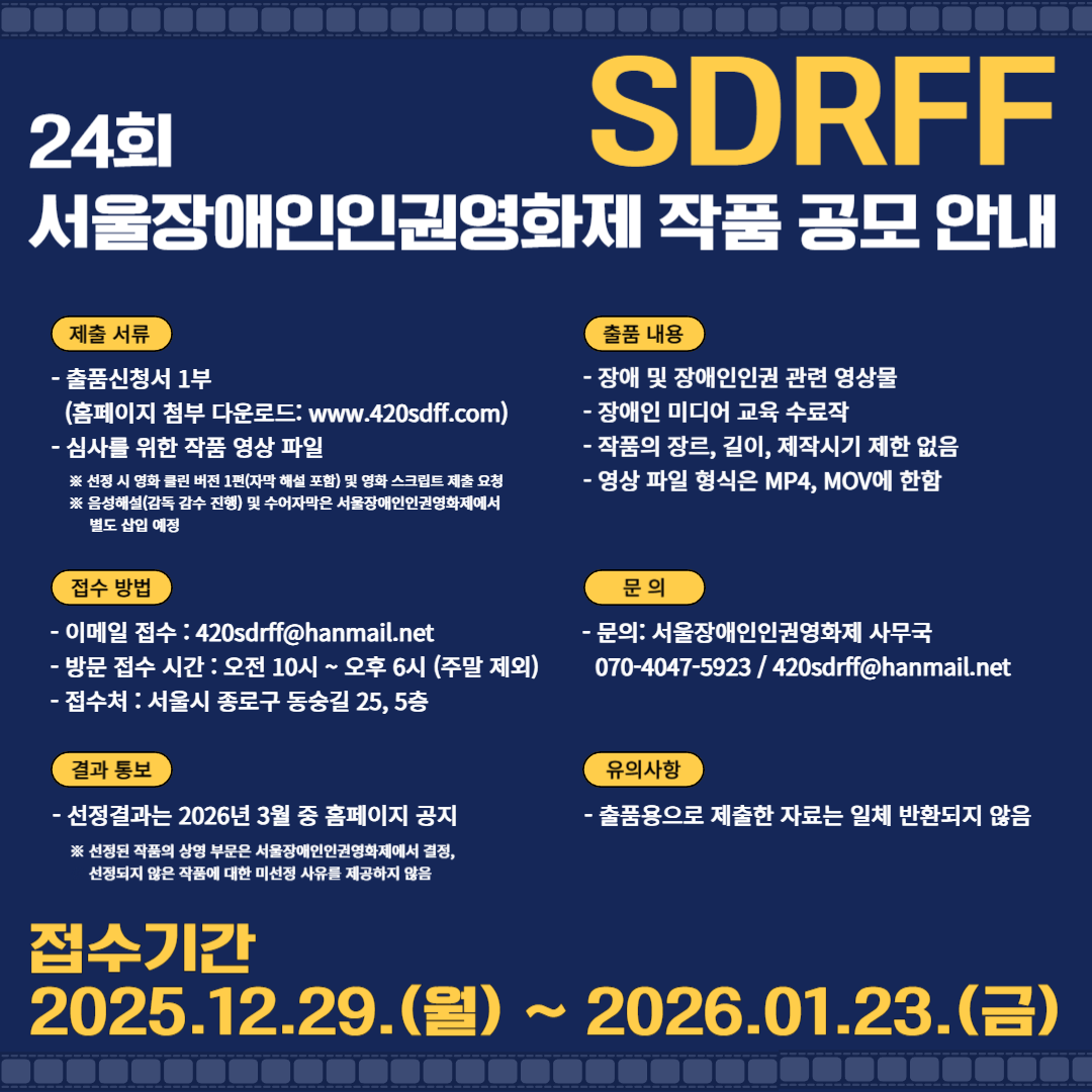 제24회 서울장애인인권영화제 작품 공모 안내 포스터이다. 화면 상단에는 큰 글자로 “SDRFF”와 “24회 서울장애인인권영화제 작품 공모 안내”라는 제목이 적혀 있다. 배경은 짙은 남색이며, 영화 필름 프레임을 연상시키는 장식이 상하단에 배치되어 있다.

접수 기간은 2025년 12월 29일 월요일부터 2026년 1월 23일 금요일까지이다.

제출 서류는 출품신청서 1부와 심사용 작품 영상 파일이다. 출품신청서는 공식 홈페이지에서 내려받을 수 있으며, 주소는 www.420sdff.com이다
. 선정된 영화는 최종 버전 1편을 제출해야 하며, 자막과 영화 스크린도 제출 대상이다. 음성해설과 화면해설은 영화제 측에서 별도로 삽입할 예정이다.

출품 내용은 장애 및 장애인 인권과 관련된 영상 작품이며, 장애인 미디어 교육 수료작도 포함된다. 작품의 장르, 길이, 제작 시기에는 제한이 없다. 영상 파일 형식은 MP4 또는 MOV만 가능하다.

접수 방법은 이메일 또는 방문 접수이다. 이메일 접수 주소는 420sdrff@hanmail.net
이다. 방문 접수는 평일 오전 10시부터 오후 6시까지 가능하며, 주말은 제외된다. 접수 장소는 서울특별시 종로구 동숭길 25, 5층이다.

결과 발표는 2026년 3월 중 영화제 공식 홈페이지를 통해 공지된다. 선정된 작품의 상영 부문은 서울장애인인권영화제에서 결정하며, 선정되지 않은 작품에 대해서는 미선정 사유를 제공하지 않는다.

유의 사항으로, 출품용으로 제출된 자료는 일체 반환되지 않는다.

문의는 서울장애인인권영화제 사무국으로 가능하며, 전화번호는 070-4047-5923, 이메일은 420sdrff@hanmail.net
이다.