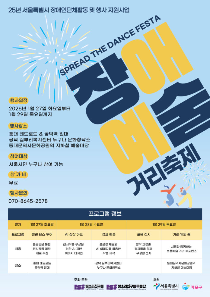 하늘색 배경의 세로형 포스터로, 상단에 “2025년 서울특별시 장애인단체활동 및 행사 지원사업”이라는 문구가 적혀 있다. 중앙에는 불꽃놀이 그래픽과 함께 영어로 “SPREAD THE DANCE FESTA”, 큰 한글 제목 **“장애예술 거리축제”**가 사선으로 배치되어 있다.

왼쪽에는 행사 개요 정보가 정리되어 있다.
행사 일정은 2026년 1월 27일 화요일부터 1월 29일 목요일까지이다.
행사 장소는 홍대 레드로드와 공덕역 일대, 공덕 실뿌리복지센터 ‘누구나 문화창작소’, 동대문역사문화공원역 지하철 예술마당이다.
참여 대상은 서울시민 누구나이며, 참가비는 무료이다.
문의 전화번호는 070-8645-2578이다.
하단에는 프로그램 정보 표가 있다.
1월 27일 화요일: ‘클린 댄스 투어’ 프로그램으로, 플로깅을 통한 전시 작품 제작과 자료 수집이 진행되며 장소는 홍대 레드로드와 공덕역 일대이다.

1월 28일 수요일: ‘AI 생성 아트’와 ‘정크 예술’ 프로그램으로, 전시 작품 구성을 위한 AI 기반 이미지 디자인과 플로깅 재료 및 AI 이미지를 활용한 작품 제작이 진행되며 장소는 공덕 실뿌리복지센터 누구나 문화창작소이다.

1월 29일 목요일: ‘포용 전시’와 ‘거리 워크숍’ 프로그램으로, 참가 과정과 결과물을 함께 구성한 전시와 시민과 함께하는 포용예술 거리 퍼포먼스가 진행되며 장소는 동대문역사문화공원역 지하철 예술마당이다.

포스터 하단에는 주최·주관: 빛소리친구들, 빛소리친구들무용단, 후원: 서울특별시, 마포구 로고가 함께 배치되어 있다.