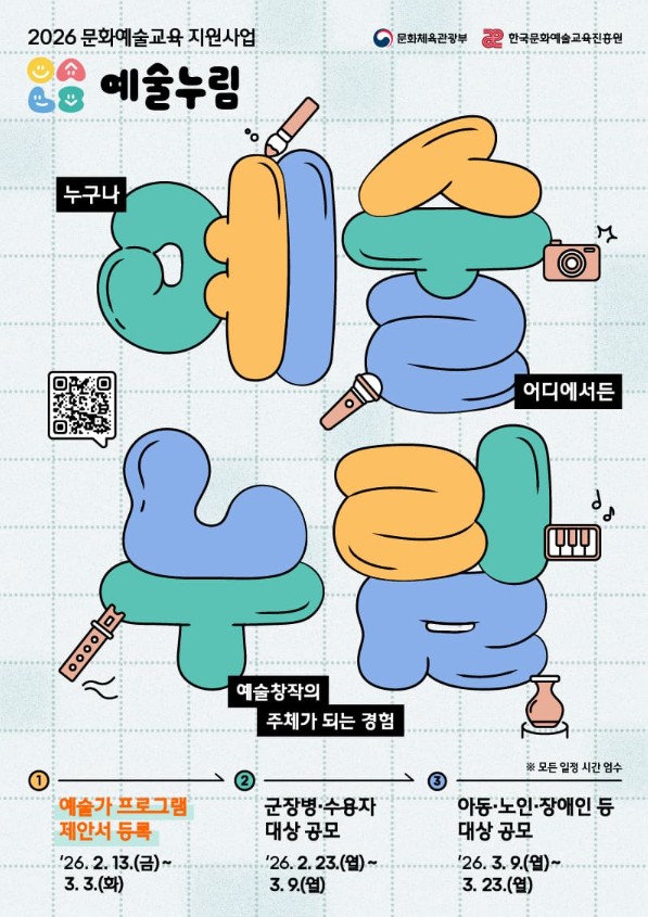 격자 무늬 배경 위에 부풀린 글자 형태의 제목 “예술누림” 포스터. 상단에는 “2026 문화예술교육 지원사업”과 문화체육관광부·한국문화예술교육진흥원 로고가 보인다. 문구는 “누구나, 어디에서든, 예술 창작의 주체가 되는 경험”. 그림 그리는 연필, 카메라, 피아노 건반, 물병 아이콘이 배치되어 있다.
사업 내용은 예술가가 프로그램을 제안하고, 군·장병과 수용자 대상 공모, 아동·노인·장애인 대상 공모로 이어지는 구조를 안내한다.
일정: ① 예술가 프로그램 제안서 등록 2026년 2월 13일(금)~3월 3일(화). ② 군·장병·수용자 대상 공모 2026년 2월 23일(월)~3월 9일(월). ③ 아동·노인·장애인 등 대상 공모 2026년 3월 9일(월)~3월 23일(월).