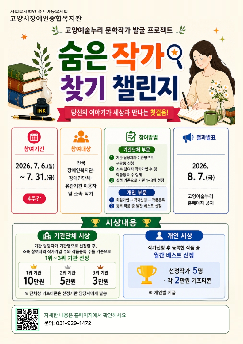 책과 글쓰는 사람 그림이 함께 있는 ‘숨은 작가 찾기 챌린지’ 안내 포스터. 이천이십육년 칠월 육일부터 칠월 삼십일일까지 참여 신청을 받으며, 장애인복지관과 관련 기관 이용자 및 소속 작가를 대상으로 하고, 팔월 칠일 결과 발표와 기관단체 및 개인 시상 내용이 담겨 있다.
