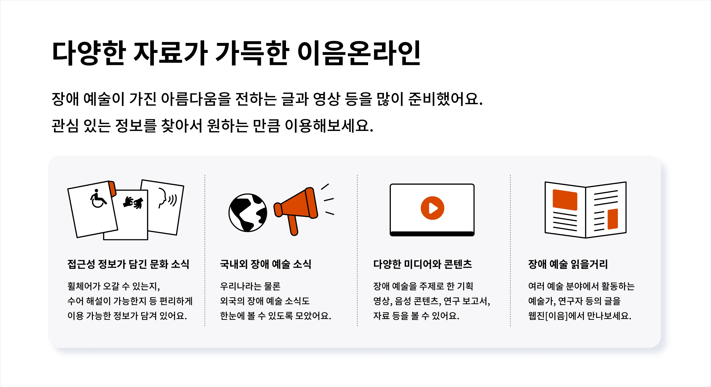 다양한 자료가 가득한 이음온라인 장애 예술이 가진 아름다움을 전하는 글과 영상 등을 많이 준비했어요.
						관심 있는 정보를 찾아서 원하는 만큼 이용해보세요.
						접근성 정보가 담긴 문화 소식 휠체어가 오갈 수 있는지, 수어 해설이 가능한지 등 편리하게 이용 가능한 정보가 담겨 있어요.
						국내외 장애 예술 소식 우리나라는 물론
						외국의 장애 예술 소식도 한눈에 볼 수 있도록 모았어요.
						다양한 미디어와 콘텐츠 장애 예술을 주제로 한 기획 영상, 음성 콘텐츠, 연구 보고서, 자료 등을 볼 수 있어요.
						장애 예술 읽을거리 여러 예술 분야에서 활동하는 예술가, 연구자 등의 글을 웹진[이음]에서 만나보세요.