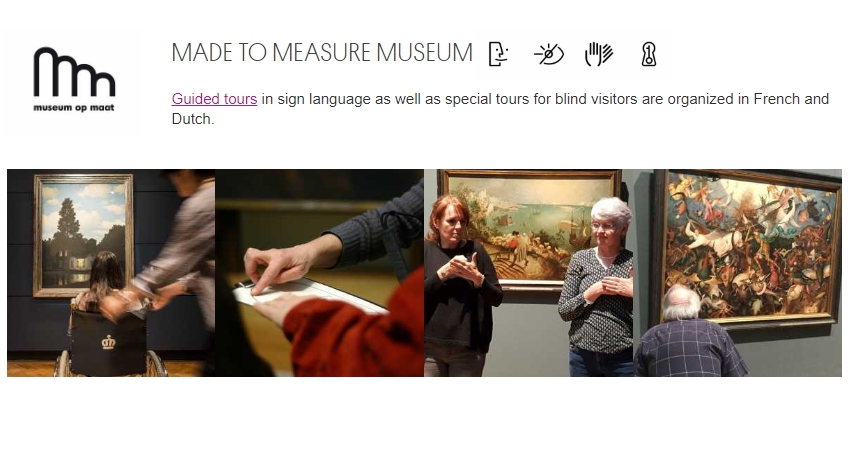 벨기에왕립미술관 접근성 안내 페이지 화면. 상단에 박물관 접근성 정보가 있는 지도를 다운받을 수 있도록 돼 있고, 사진으로 휠체어, 점자, 수어 등의 서비스를 받을 수 있음을 소개하고 있다.