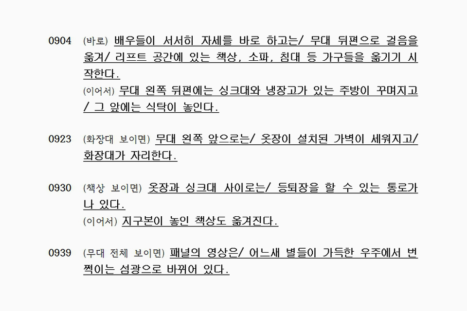 0923 (화장대 보이면) 무대 왼쪽 앞으로는/ 옷장이 설치된 가벽이 세워지고/ 화장대가 자리한다.
            0930 (책상 보이면) 옷장과 싱크대 사이로는/ 등퇴장을 할 수 있는 통로가 나 있다.
            (이어서) 지구본이 놓인 책상도 옮겨진다.