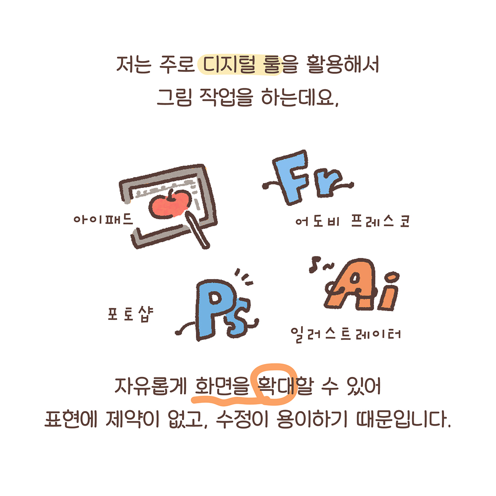 3.
저는 주로 디지털 툴을 활용해서
그림 작업을 하는데요,
자유롭게 화면을 확대할 수 있어
표현에 제약이 없고, 수정이 용이하기 때문입니다.
그림설명 : 각 디지털 툴 아이콘이 그려져 있고 작은 글씨로 아이패드, 어도비 프레스코, 포토샵, 일러스트레이터라고 쓰여 있다.