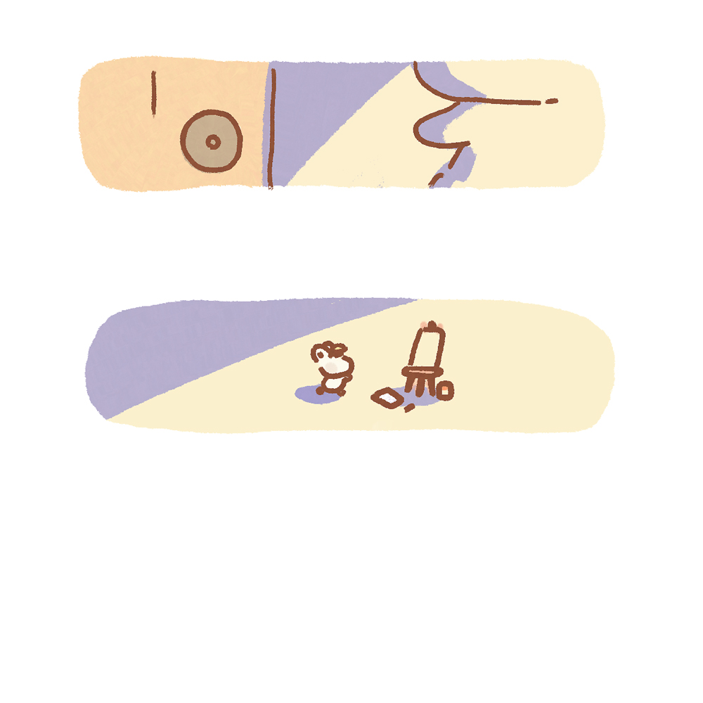 그림설명 : 우산토끼가 문고리를 놓은 손이 클로즈업된 그림. 그 아래에 우산토끼가 방 안의 미술 도구들에 다가가는 모습이 작게 그려져 있다.