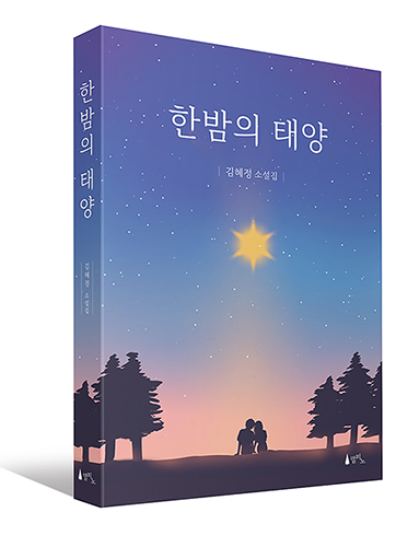 보라색과 푸른색이 그라데이션으로 번지는 밤하늘을 배경으로, 중앙에 밝게 빛나는 노란색의 큰 별 하나가 떠 있다. 하단에는 여명 속에서 두 사람이 나란히 앉아 하늘을 바라보고 있으며, 양옆에는 어두운 실루엣의 나무들이 서 있다. 표지 상단에는 흰 글씨로 「한밤의 태양」, 그 아래에 「김혜정 소설집」이라는 문구가 적혀 있다.