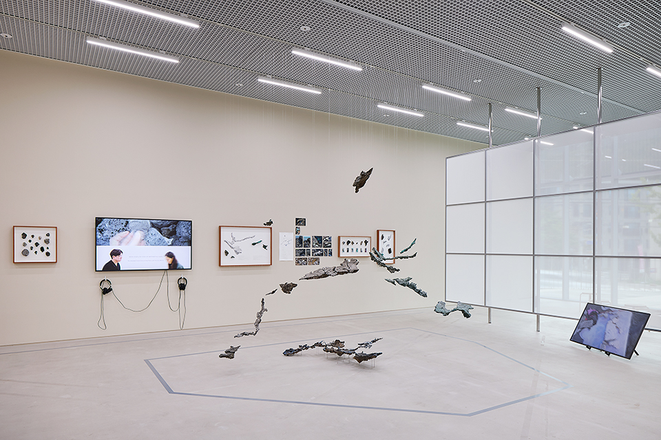 한쪽 벽면에 액자 5개와 모니터 1개가 나란히 걸려 있다. 액자에는 수집한 뉴락과 수집처인 제주도 바닷가 풍경과 맵이 담겨 있고 모니터에는 두 사람이 마주보고 이야기 나누는 모습이다. 바닥에는 뉴락으로 만든 조형물이 설치되어 있다.