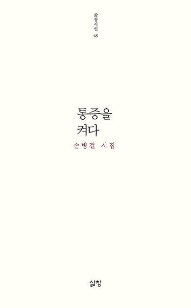 미니멀한 디자인으로, 아이보리색 바탕에 텍스트 위주로 구성되어 있다. 상단부터 중앙맞춤으로 “삶창시선 48” “통증을 켜다” “손병걸 지음” “삶창”이라고 쓰여 있다.