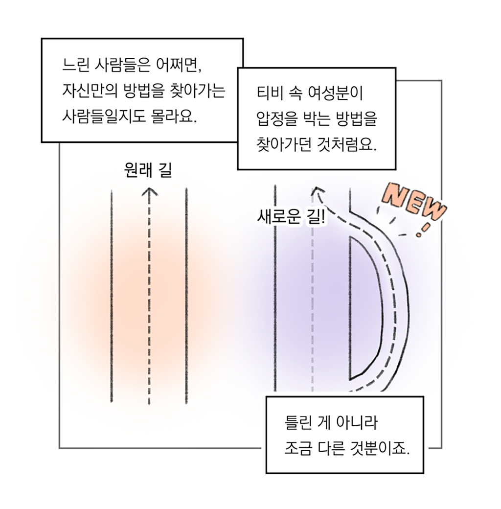 느린 사람들은 어쩌면, 자신만의 방법을 찾아가는 사람들일지도 몰라요.
티비 속 여성분이 압정을 박는 방법을 찾아가던 것처럼요.
틀린 게 아니라 조금 다른 것뿐이죠.

그림설명: 좌우로 나란히 두 개의 길이 뻗어 있다. 왼쪽은 곧게 뻗어 있고 ‘원래 길’이라고 쓰여 있다. 오른쪽에는 직선 길 옆에 곡선으로 둘러 가는 길이 있고 ‘새로운 길’ ‘NEW’라고 쓰여 있다.