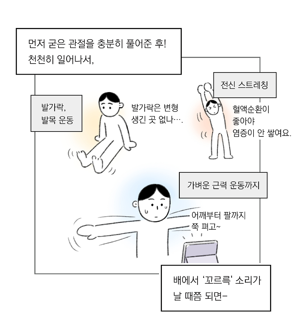 먼저 굳은 관절을 충분히 풀어준 후!
천천히 일어나서,

발가락, 발목 운동
발가락은 변형 생긴 곳 없나….

전신 스트레칭
혈액순환이 좋아야 염증이 안 쌓여요.

가벼운 근력 운동까지
태블릿 음성: 어깨부터 팔까지 쭉 펴고~

배에서 ‘꼬르륵’ 소리가 날 때쯤이 되면-

그림설명: 주인공이 태블릿으로 영상을 보며 스트레칭 동작을 하고 있다. 
