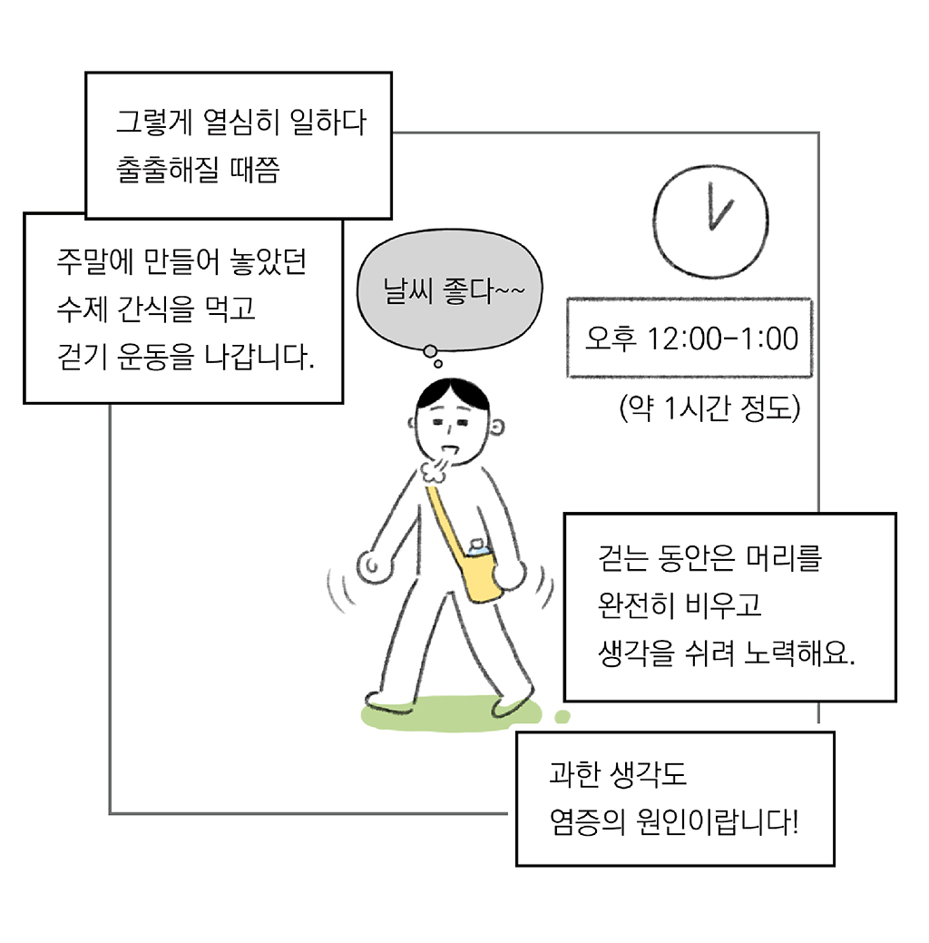 
오후 12:00-1:00 (약 1시간 정도)

그렇게 열심히 일하다 출출해질 때쯤

주말에 만들어 놓았던 수제 간식을 먹고 걷기 운동을 나갑니다.

걷는 동안은 머리를 완전히 비우고 생각을 쉬려고 노력해요.

과한 생각도 염증의 원인이랍니다!

(나: 날씨 좋다~~)

그림설명: 주인공이 노란 크로스백을 멘 채 걸으며 숨을 내쉬고 있다. 시계가 1시를 가리키고 있다.