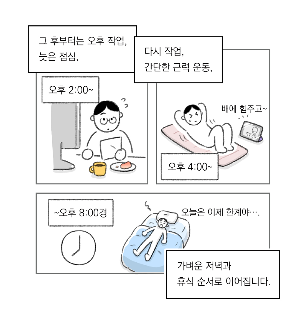 오후 2:00~
그 후부터는 오후 작업, 늦은 점심,

오후 4:00~
다시 작업, 간단한 근력 운동,
(배에 힘주고~)

~오후 8:00경
가벼운 저녁과 휴식 순서로 이어집니다.
(오늘은 이제 한계야….)

그림설명: 세 칸으로 구성된 장면. 
첫 번째 칸: 주인공이 책상에 앉아 손에 든 자료를 보고 있고, 책상 위에는 커피와 음식 접시가 놓여 있다. 
두 번째 칸: 주인공이 요가매트 위에 누워 태블릿으로 영상을 보며 따라 운동하고 있다. 
세 번째 칸: 주인공이 지친 표정으로 침대에 누워 있고, 시계는 8시를 가리키고 있다.