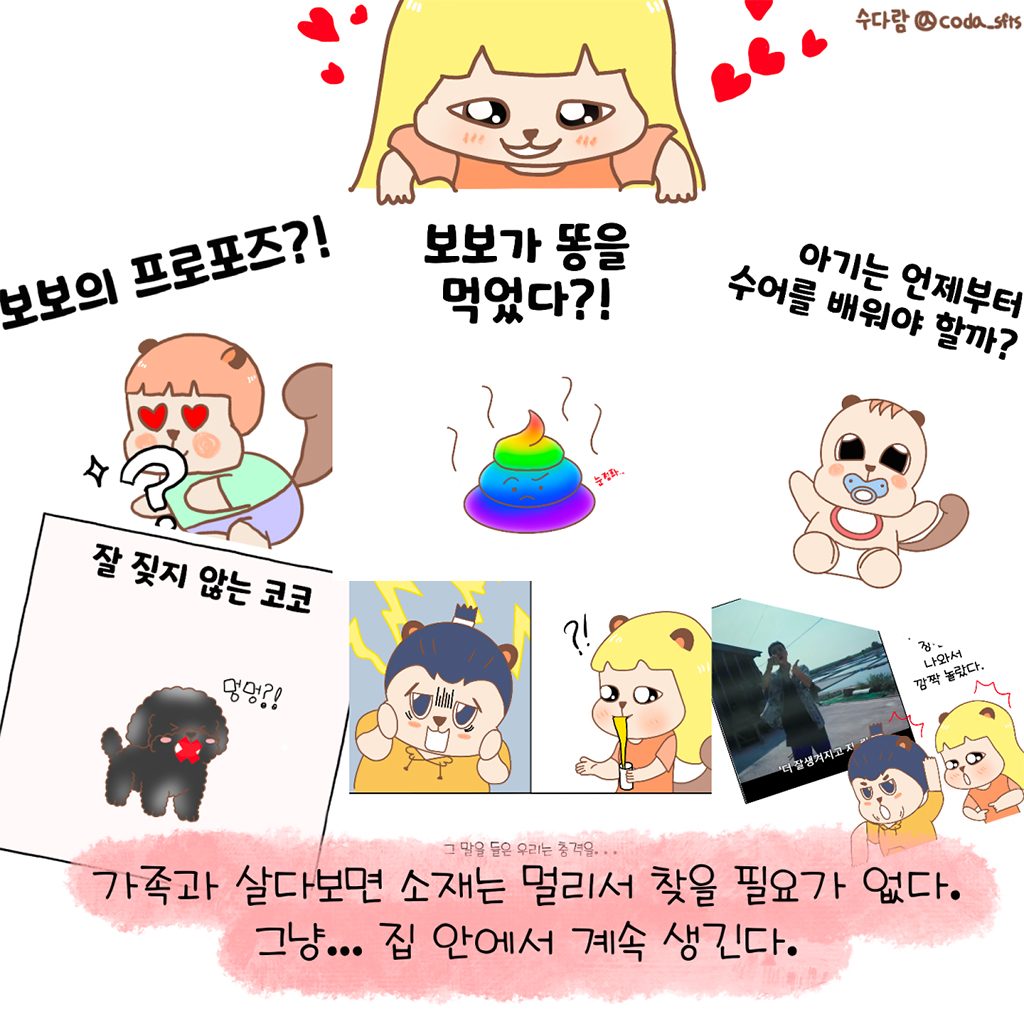 가족과 살다보면 소재는 멀리서 찾을 필요가 없다.
그냥… 집 안에서 계속 생긴다.

그림설명: 남편, 보보, 반려동물 코코 등 가족의 여러 일상 장면이 ‘보보의 프로포즈?!’, ‘보보가 똥을 먹었다?!’, ‘아기는 언제부터 수어를 배워야 할까?’, ‘잘 짖지 않는 코코’ 등의 문구와 함께 나열되어 있다. 그 위에 수다람이 사랑스럽게 장면들을 내려다보고 있다.